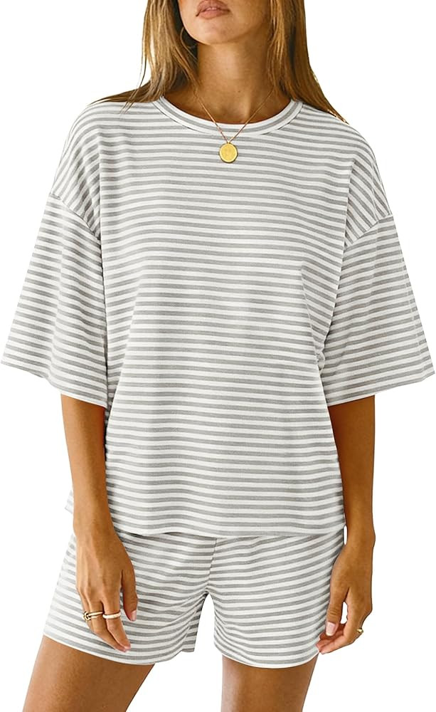 LOMON Two Piece Sets for Women Summer 3/4 Sleeve Tops and Elastic Waist Shorts Pajamas Cute Comfy... | Amazon (US)