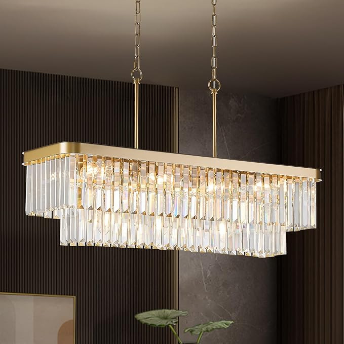 Rectangular Crystal Chandeliers K9 Luxury Gold Chandelier L33.5” Rectangle Linear Pendant Light... | Amazon (US)