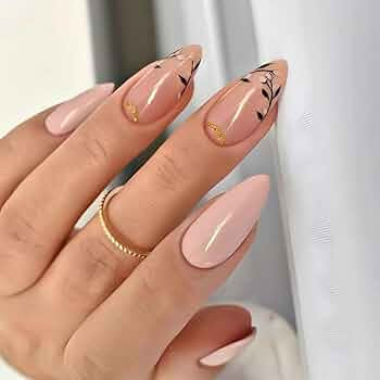 Fall Press on Nails - Medium Length Nude Pink Fake Nails with Almond Shape, Leaf Designs, Glossy ... | Amazon (US)