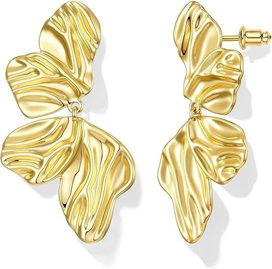 Gold Statement Earrings For Women 18K Gold Plated Sectored Flower Leaf Shell Angel Wing Earring L... | Amazon (US)