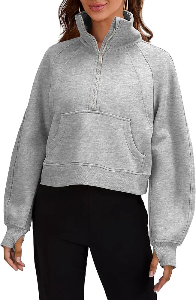Womens Sweatshirts Half Zipper Crop Pullover Funnel Neck Fleece Lined Zip Up Long Sleeve Tops Thu... | Amazon (US)
