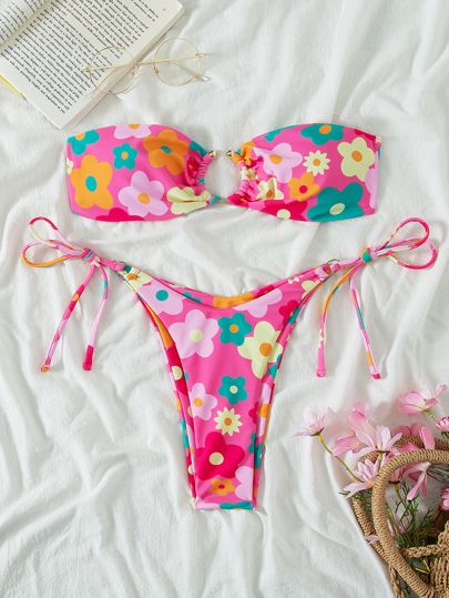Floral Ring Linked Bandeau Tie Side Bikini Swimsuit | SHEIN