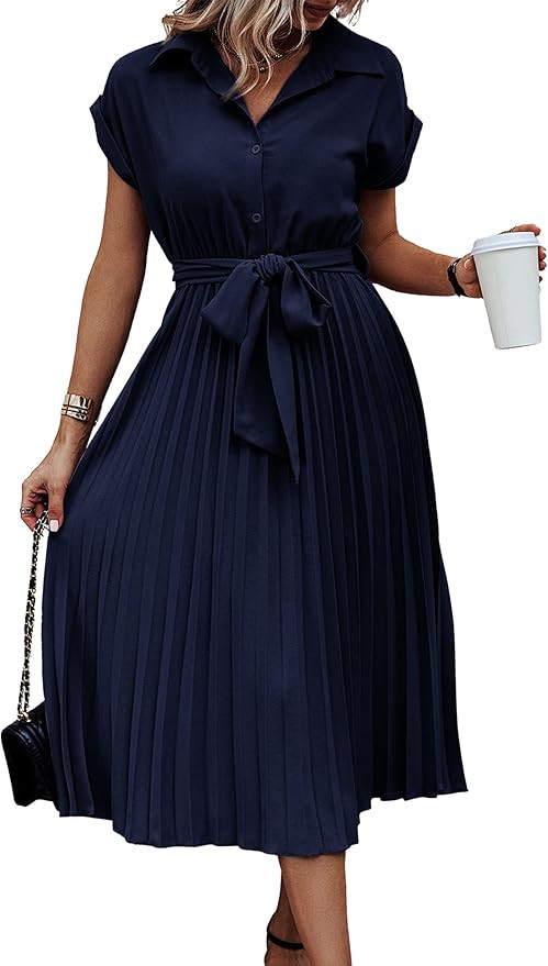 ECOWISH Womens Casual Midi Dresses Solid V Neck Short Sleeve Button Shirt Belted Dress with Pocke... | Amazon (US)