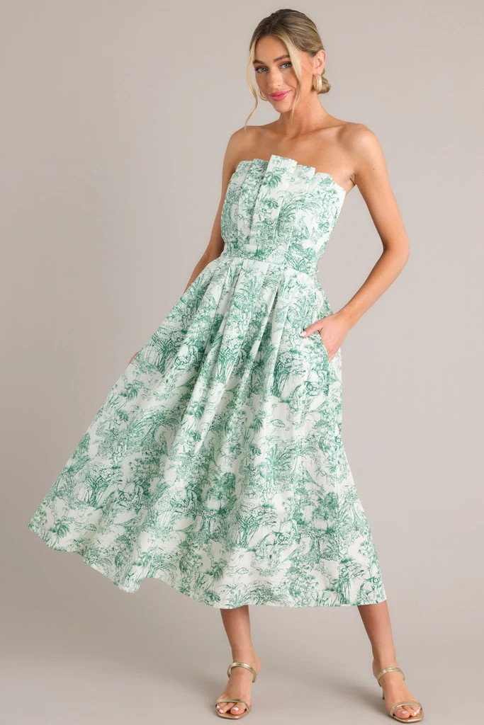 Our Life Together Green Toile Strapless Midi Dress | Red Dress