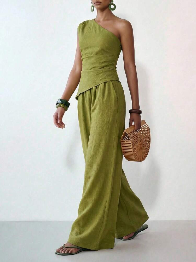 Zivah Women Olive Green Summer Casual Holiday Vacation Two Piece Set,One-Shoulder Asymmetrical Pleated Top & Wide-Leg Pants,Boho Travel Beach Party Outfits | SHEIN
