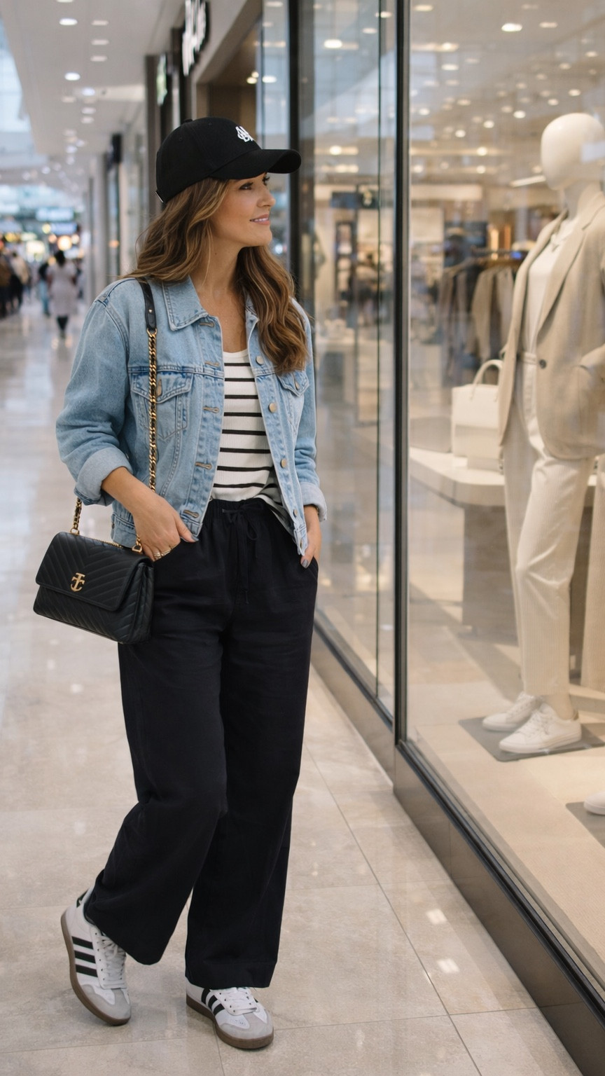 Window shopping but make it chic 🤍✨

An oversized denim jacket, classic stripes, wide-leg trousers, and Sambas will always be that effortless combo. Added my favorite black quilted bag and baseball cap for that cool, off-duty feel. Casual, polished, and ready for a coffee break in between stores ☕🖤

Everything is linked in my LTK!

#LTKStyle
#LTKFinds
#LTKSeasonal
#LTKItBag
#LTKShoeCrush

#LTKdayinmylife #LTKOver40 #LTKPlusSize