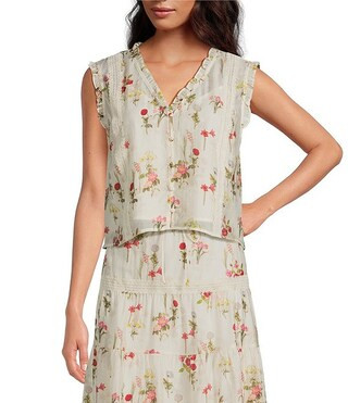 Olivia Floral Print V-Neck Ruffle Trim Button Front Coordinating Blouse | Dillard's