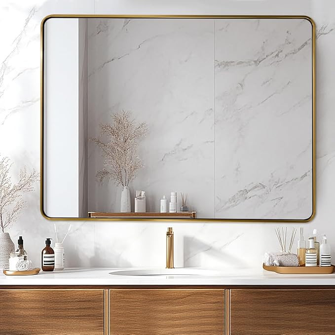 ANDY STAR 48x36 Inch Gold Bathroom Mirror, Brushed Gold Mirrors for Wall in Anti-Rust SUS304 Tube... | Amazon (US)