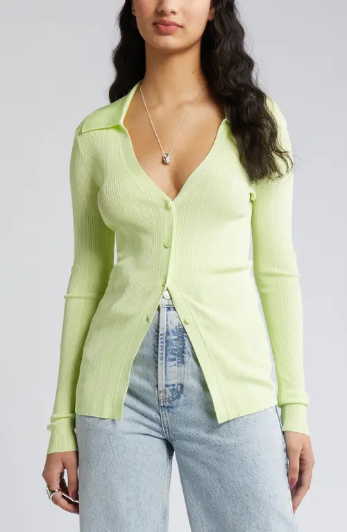 Open Edit Collar Rib Cardigan in Green Calm at Nordstrom, Size Medium | Nordstrom