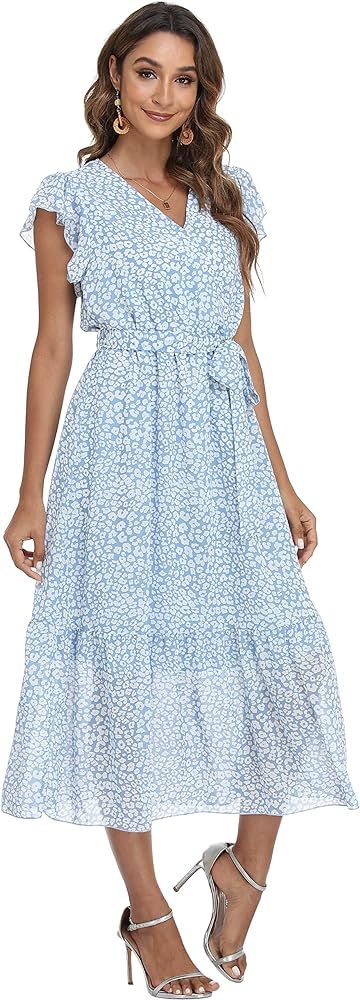 VintageClothing Women's Floral Summer Dress Wrap V Neck Ruffle Midi Dress | Amazon (US)