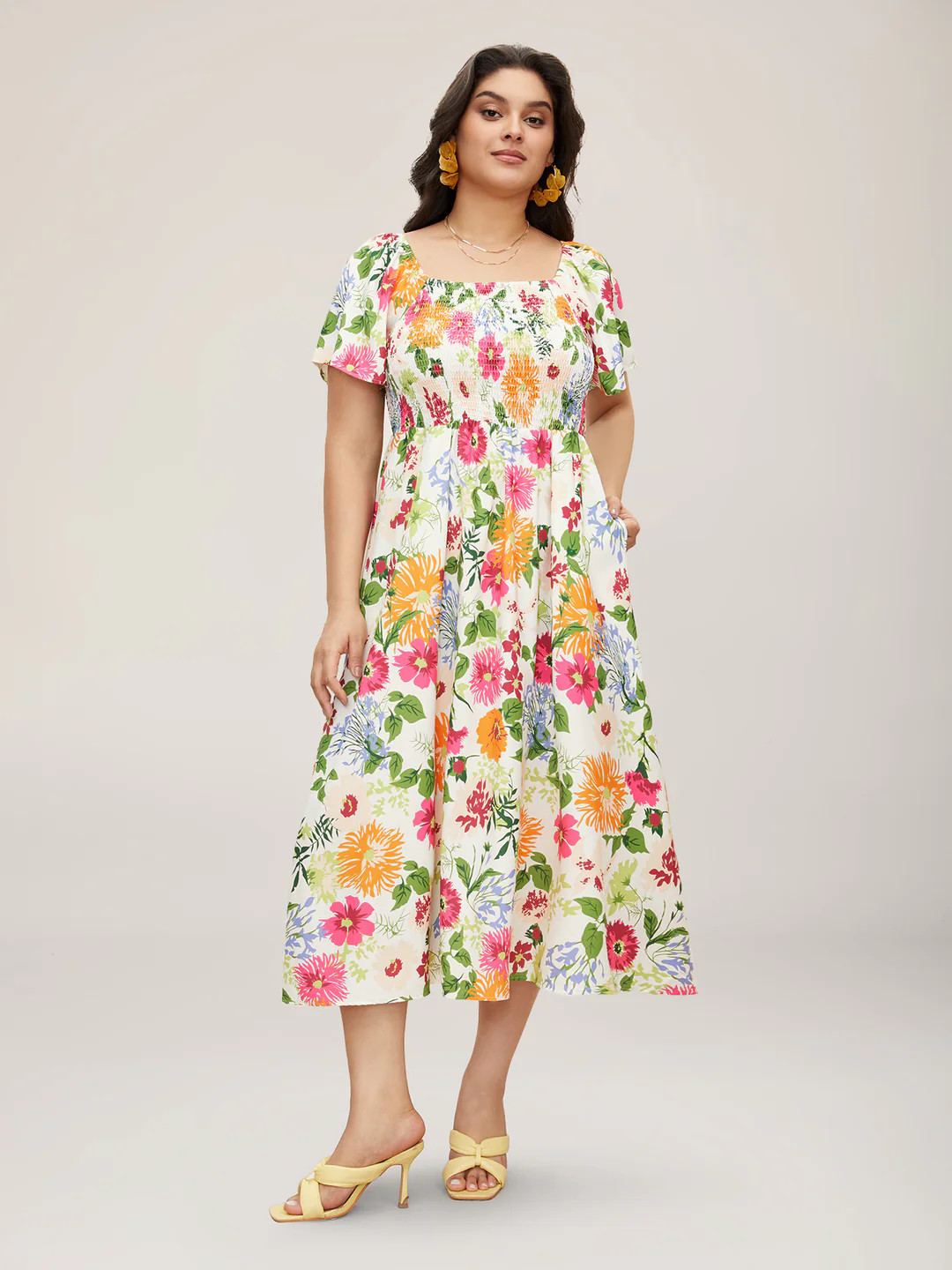 Floral Shirred Square Neck Pocket Midi Dress | Bloomchic