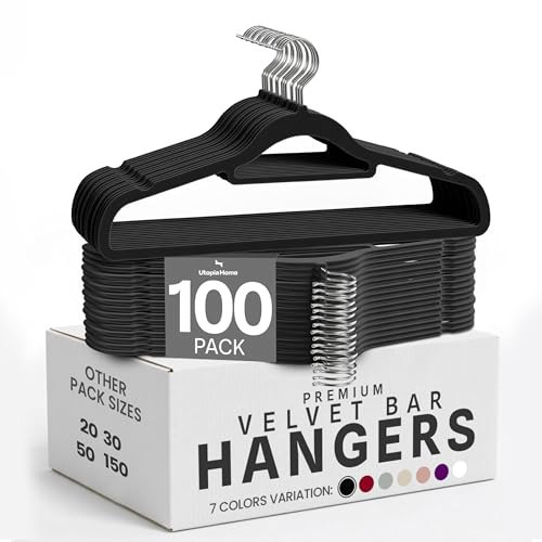 Utopia Home Velvet Hangers 100 Pack – Premium Hangers with Tie Bar - Black | Amazon (US)