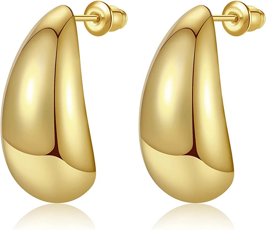 Chunky Gold Hoop Earrings for Women, Lightweight Waterdrop Hoops Earrings with 18K Real Gold Plat... | Amazon (US)