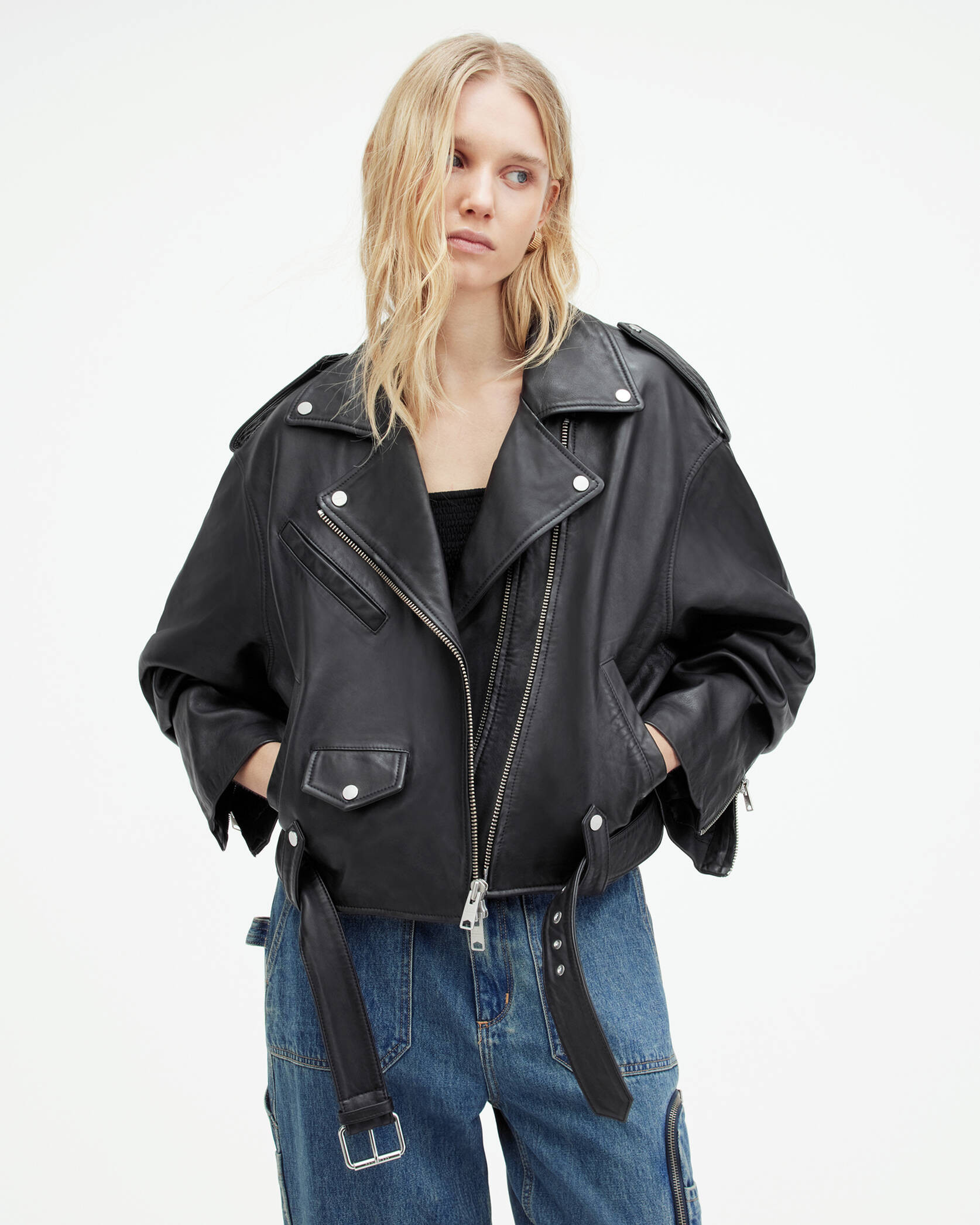 Dayle Oversized Leather Biker Jacket Black | ALLSAINTS | AllSaints UK