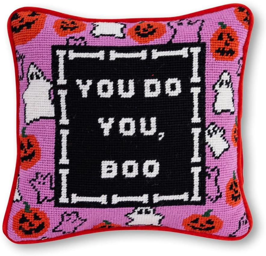 FURBISH Needlepoint Decorative Throw Pillow - Boo - 11"x11" - Small Embroidered Halloween Pillow for Living Room, Couch, Sofa, Chair & Bed - Eclectic Halloween Decor | Amazon (US)