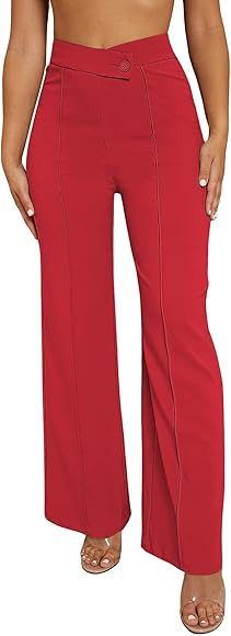 SweatyRocks Women's Overlap Waist Seam Front Palazzo Wide Leg Pants High Waist Long Pant Casual T... | Amazon (US)