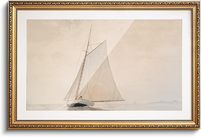 VIYYIEA Gold Framed Large Wall Art Canvas Print Home Decor for Living Room White Sailboat Seascap... | Amazon (US)