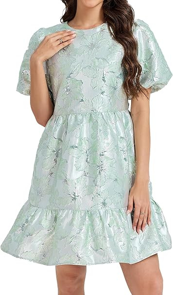Ladyful Women's Floral Jacquard Mini Dress Short Puff Sleeve Tiered A-Line Dress Summer Elegant S... | Amazon (US)