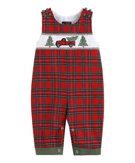 Red Plaid Truck & Tree Smocked Overalls | Zulily