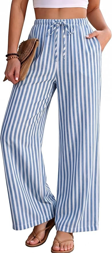 EsheSy Womens Casual Striped Pants Summer Beach Wide Leg Lounge Pants Drawstring Waist Loose Pala... | Amazon (US)