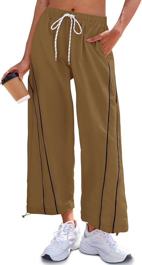 Fisoew Womens Baggy Wide Leg Pants Casual Elastic Waist Drawstring Hiking Workout Cropped Pants w... | Amazon (US)