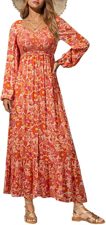 Dokotoo Womens Dresses Spring Summer 2026 Boho Floral Smocked Empire Waist Square Neck Long Sleev... | Amazon (US)