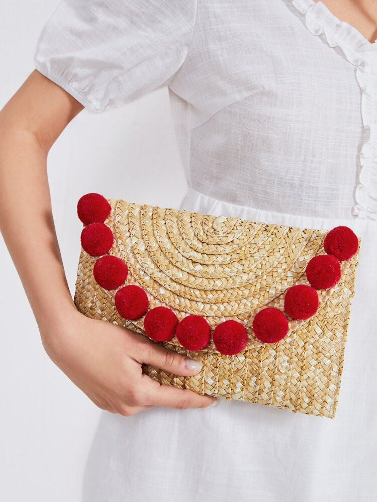 Pom Pom Decor Straw Clutch Bag | SHEIN