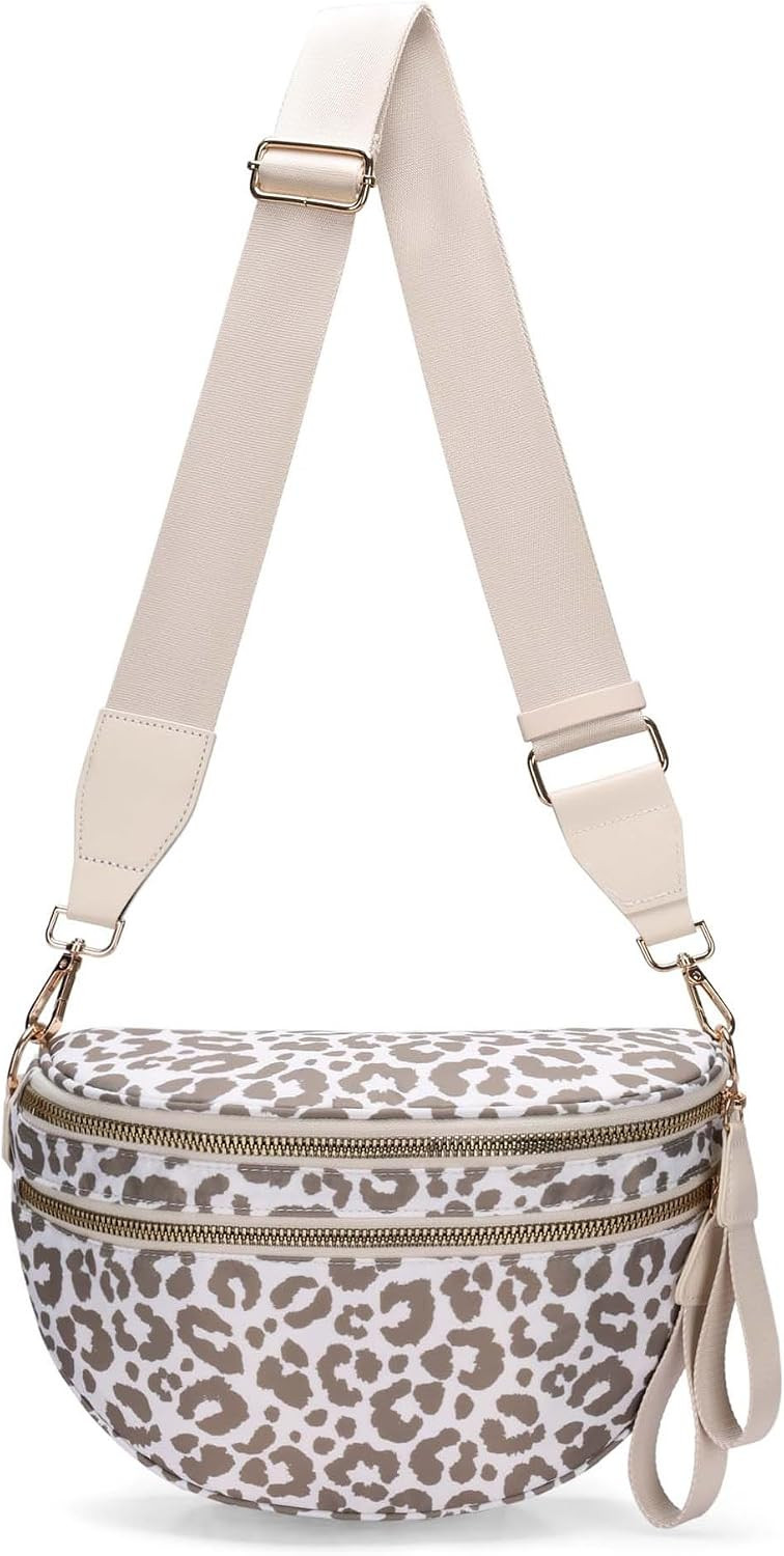 WOOMADA Checkered Crossbody Bag Bum Bag for Women, Spacious Nylon Fanny with Removable Wallets(Khaki Leopard) | Amazon (US)