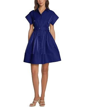 D-Sun Women Casual Button Down Shirt Dress V-Neck Short Sleeves Mini Shirt Dress Belted Short Par... | Amazon (US)