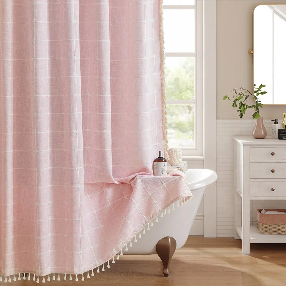 Boho Shower Curtain Pink Fabric 60 Inch Stall, Linen Heavy Duty Cloth Thick Cotton Shower Curtain... | Amazon (US)