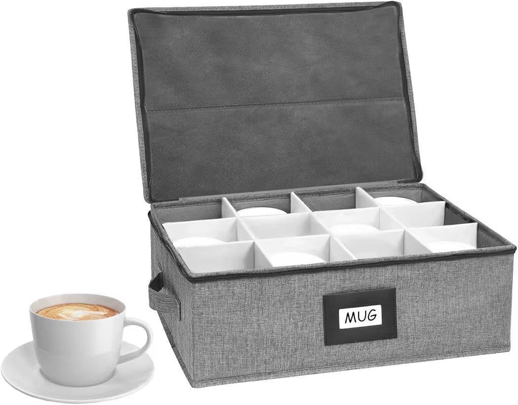 HURZMORO Mug Storage Box with 12 Compartments, Gray Hard Shell Container, Padded Dividers, Dual H... | Amazon (US)