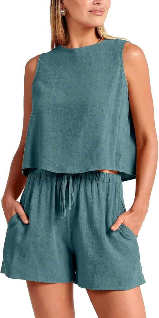 Bornpom Linen Sets for Women 2 Piece Outfits Shorts Sets Sleeveless Crop Top Tank High Waisted Sh... | Amazon (US)