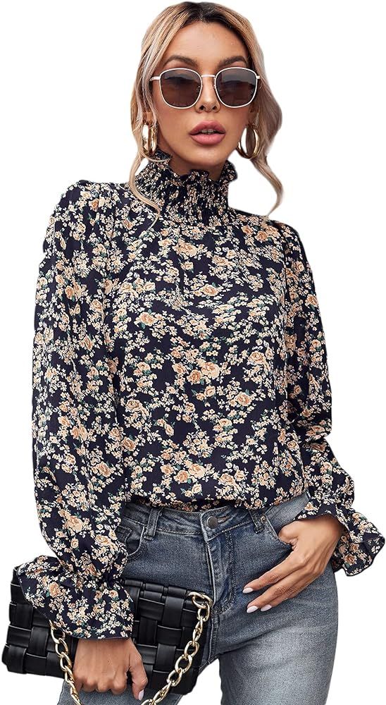Floerns Women's Floral Print Long Sleeve High Neck Georgette Chiffon Blouse | Amazon (US)