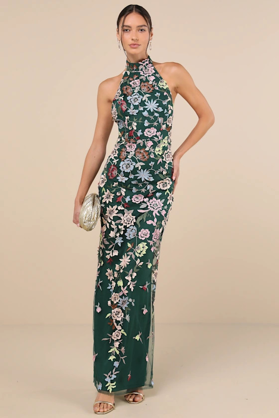 Infinite Praise Emerald 3D Floral Embroidered Halter Maxi Dress | Lulus
