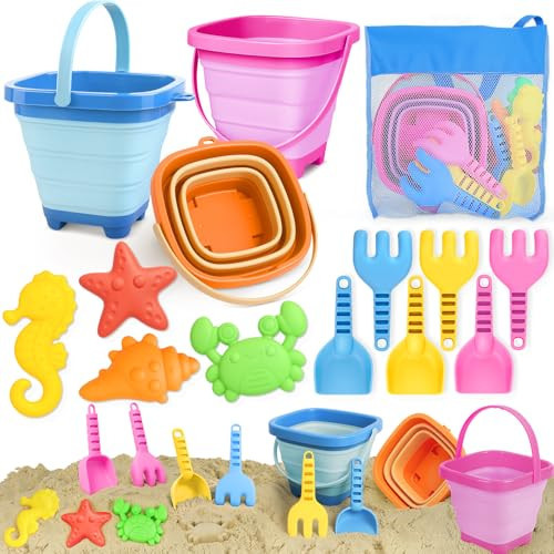 Dreamon Beach Toys for Kids 3-10, Collapsible Sand Castle Toys for Beach Include 3 Pack Foldable Buckets, Shovels Molds and Storage Mesh Bag, Sandbox Travel Toy for Toddlers Kids | Amazon (US)