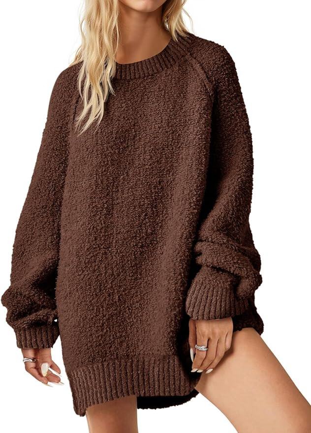 Saodimallsu Womens Oversized Sweater 2025 Fall Trendy Fuzzy Crew Neck Long Sleeve Casual Tunic Sw... | Amazon (US)