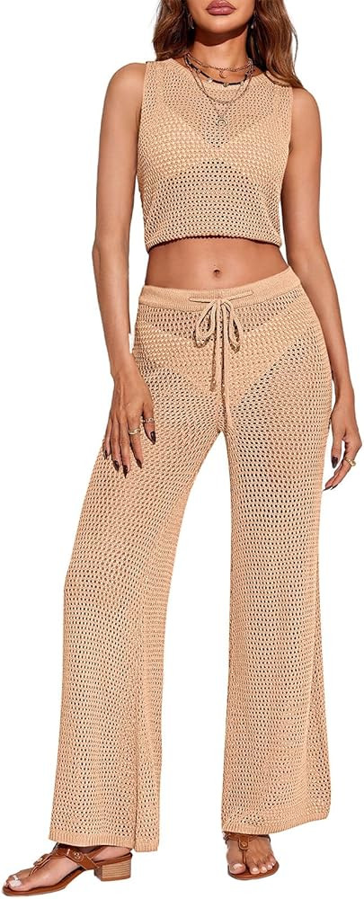 Saodimallsu Womens 2 Piece Crochet Swimsuit Cover Up Sleeveless Crop Top Drawstring Long Pants Se... | Amazon (US)