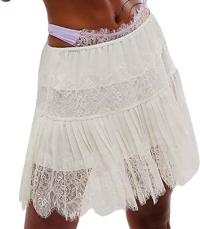 Women Y2k Lace Mini Skirts Summer Lace Slip Skirt Pleated Ruffle Floral Lace Tiered Short Skirts ... | Amazon (US)