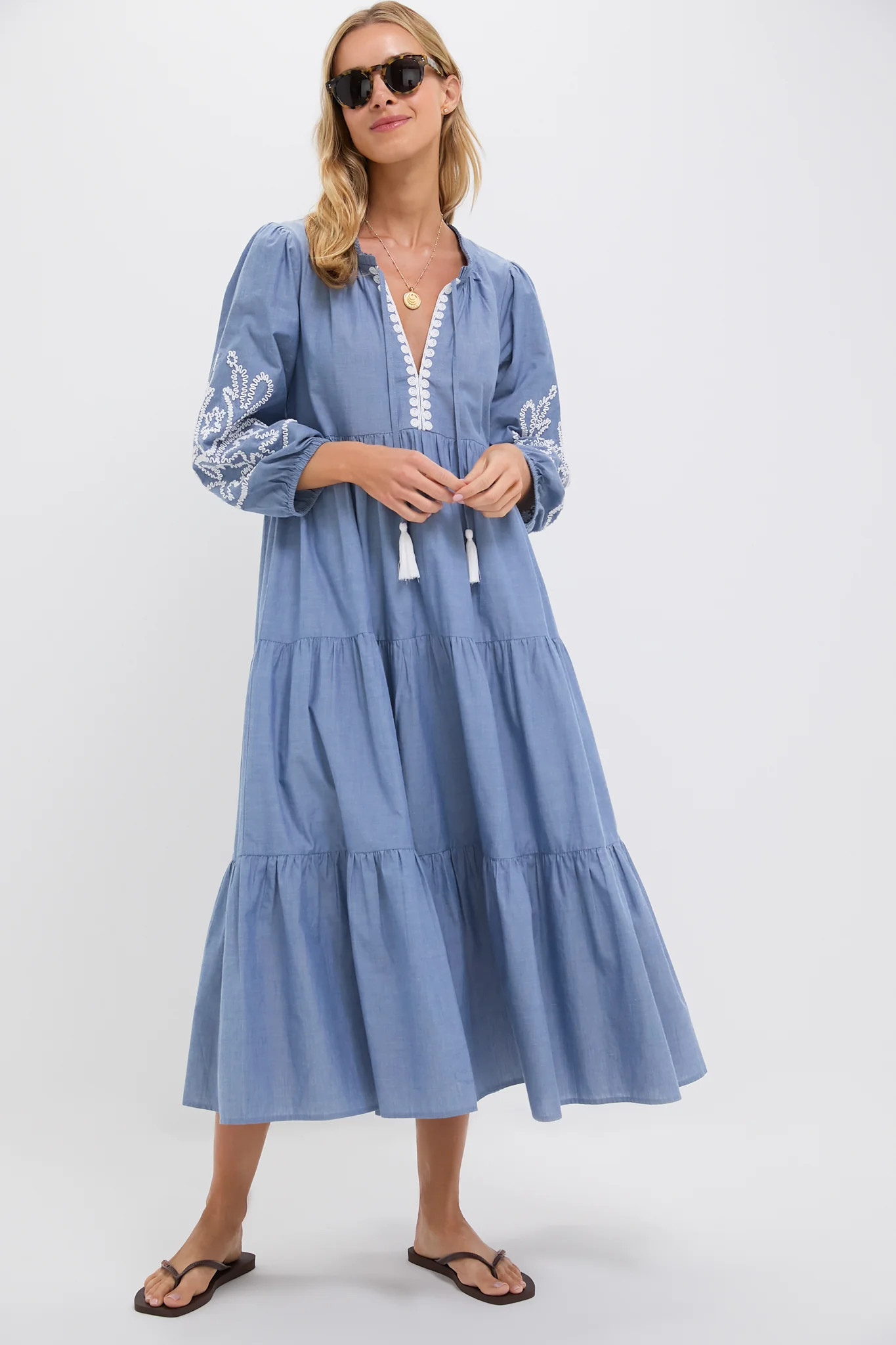 Navy Prism Embroidered Gingham Long Sleeve Salty Paloma Caftan | Tuckernuck (US)