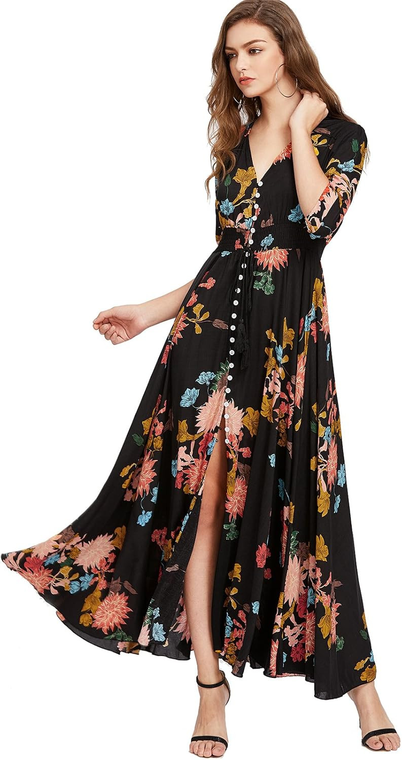Milumia Women's Button Up Split Floral Print Flowy Party Maxi Dress Black and Yellow | Amazon (US)