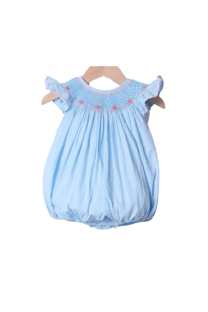 Smocked Heirloom Pearl Blue Swiss Dot Bubble | The Smocked Flamingo