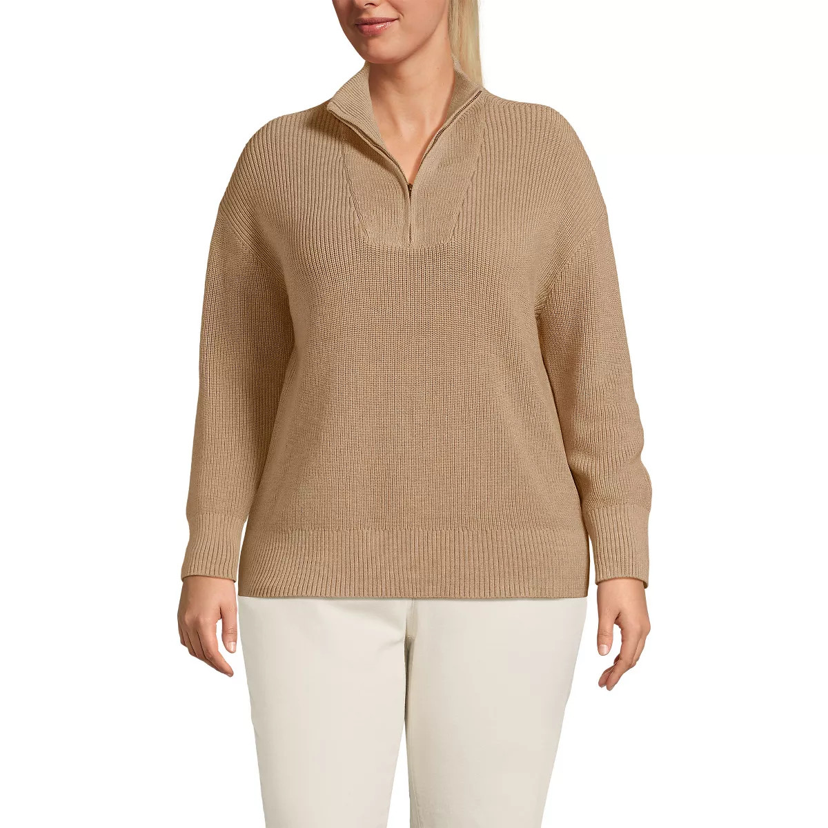 Lands' End Women's Plus Size Drifter Cotton Quarter Zip Pullover Sweater - 3X - Vicuna Heather | Target