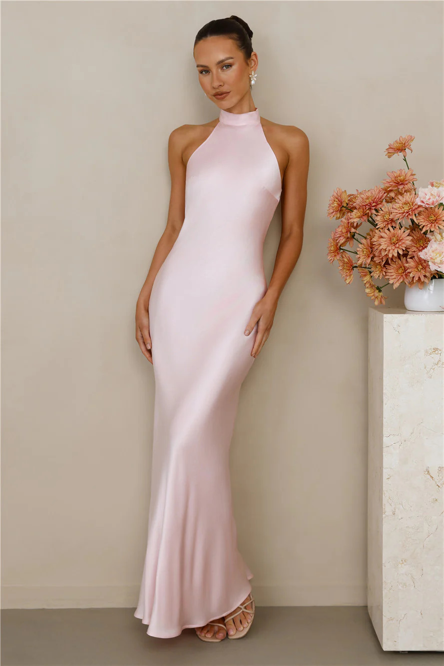 The Cleo Halter Satin Maxi Dress Pink | Hello Molly (US)
