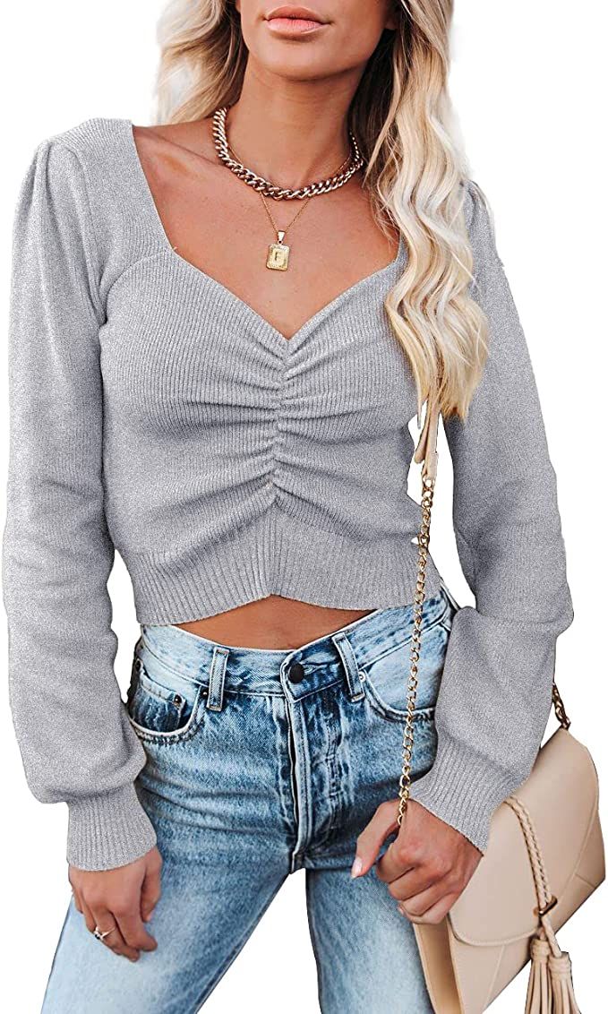PRETTYGARDEN Women’s Chic V Neck Long Sleeve Knit Ruched Tops Ribbed Off Shoulder Crop Pullover... | Amazon (US)