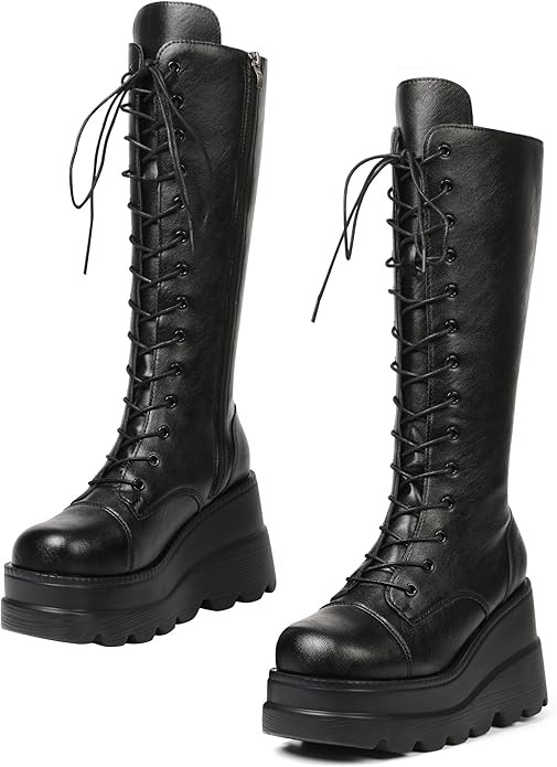 CELNEPHO Womens High Platform Mid Calf Wedges Chunky High Heel Round-Toe Side Zip Punk Combat Boo... | Amazon (US)