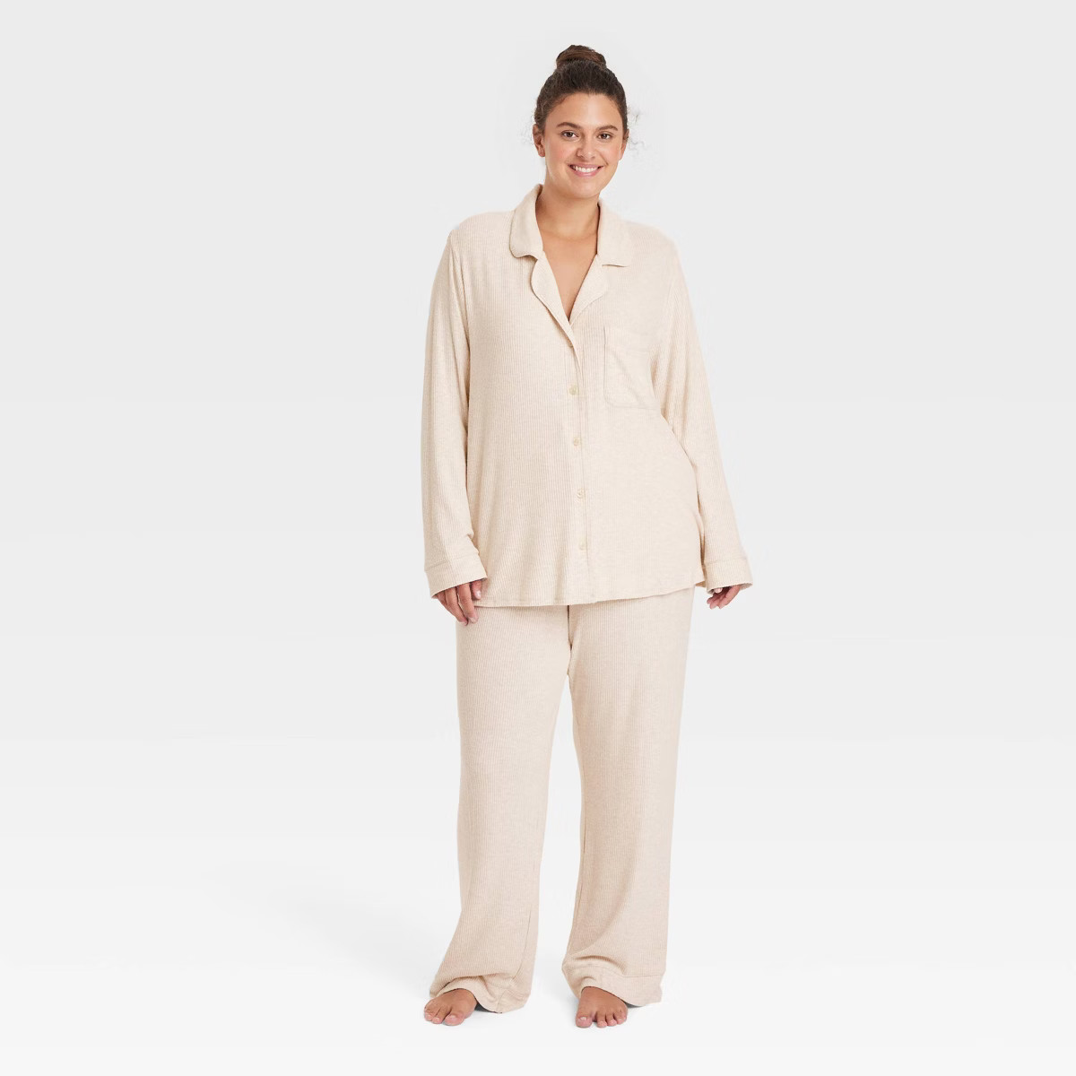 Women's Cozy Ribbed Long Sleeve Notch Collar Shirt and Pants Pajama Set - Auden™ | Target
