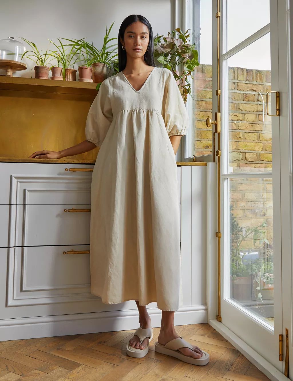Pure Linen V-Neck Midaxi Shift Dress | Marks & Spencer (UK)