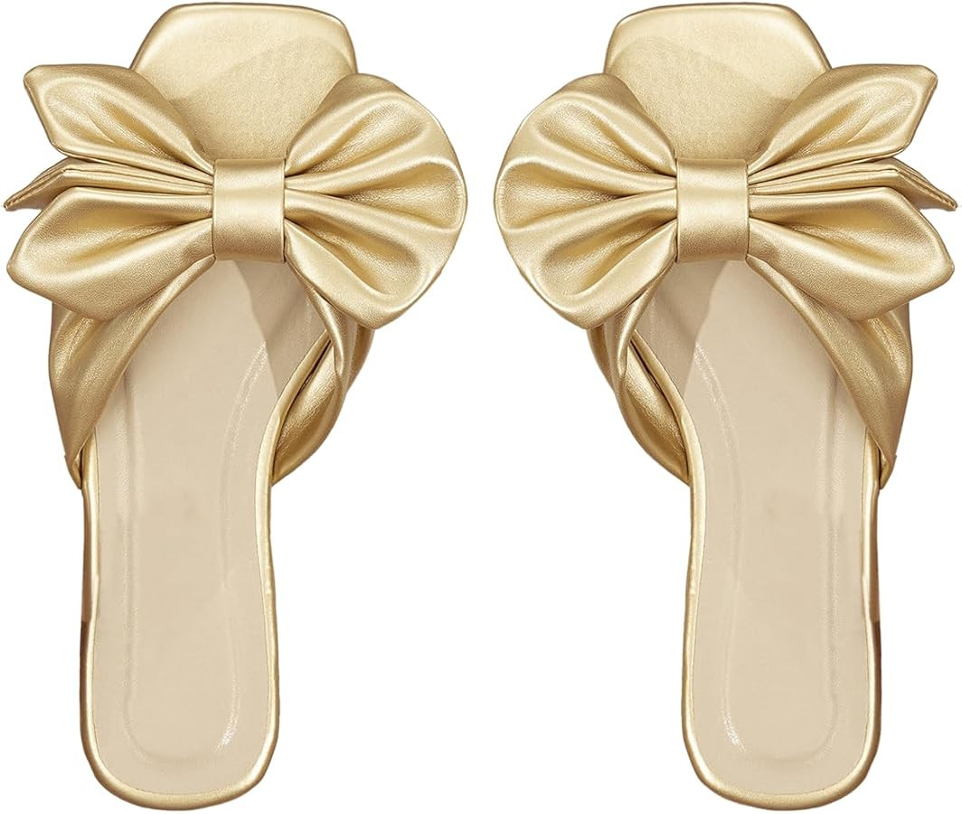 GORGLITTER Women's Bow Flat Sandals Dressy Square Open Toe Sandals Comfortable Slip On Slide Sand... | Amazon (US)