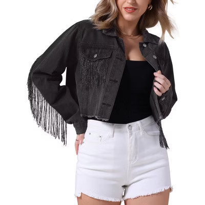 INSPIRE CHIC Women's Fringe Long Sleeve Frayed Hem Crop Denim Jacket Black XX-Large | Target