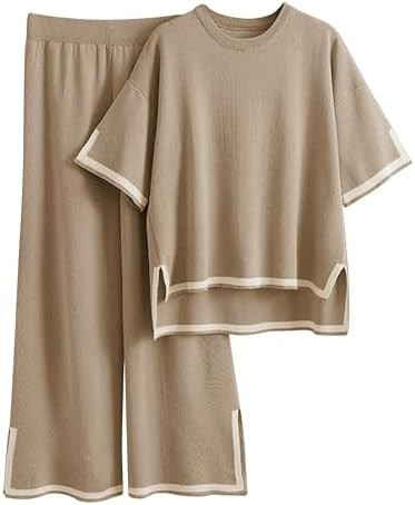 Tanming Sweater Sets Women 2 Piece Lounge Sets Short Sleeve Knit Pullover Tops Wide Leg Pants | Amazon (US)
